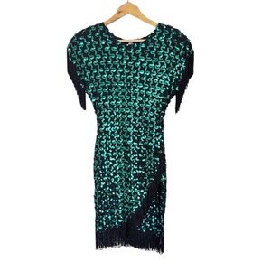 Vintage Susan Roselli for Vijack Green Sequin Fringe Lace Glam Rock Dress sz 10